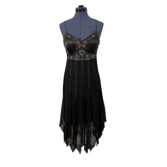 Vtg Sue Wong Black Silk Beaded Fit Flare Slip Dress Whimsigoth Asymm Sheer  S Y2K